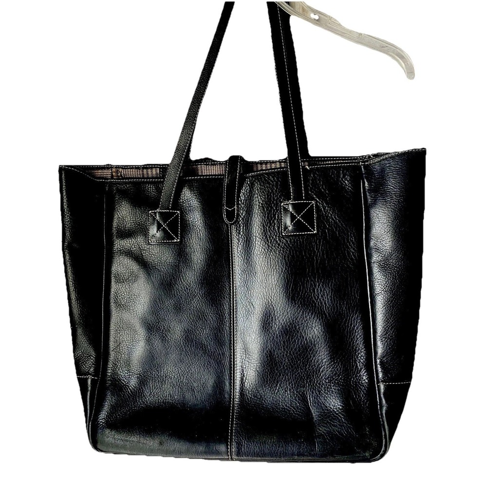 Barrington Grant Thornton Nantucket  Black Pebbled Leather Tote Bag Plaid Lined